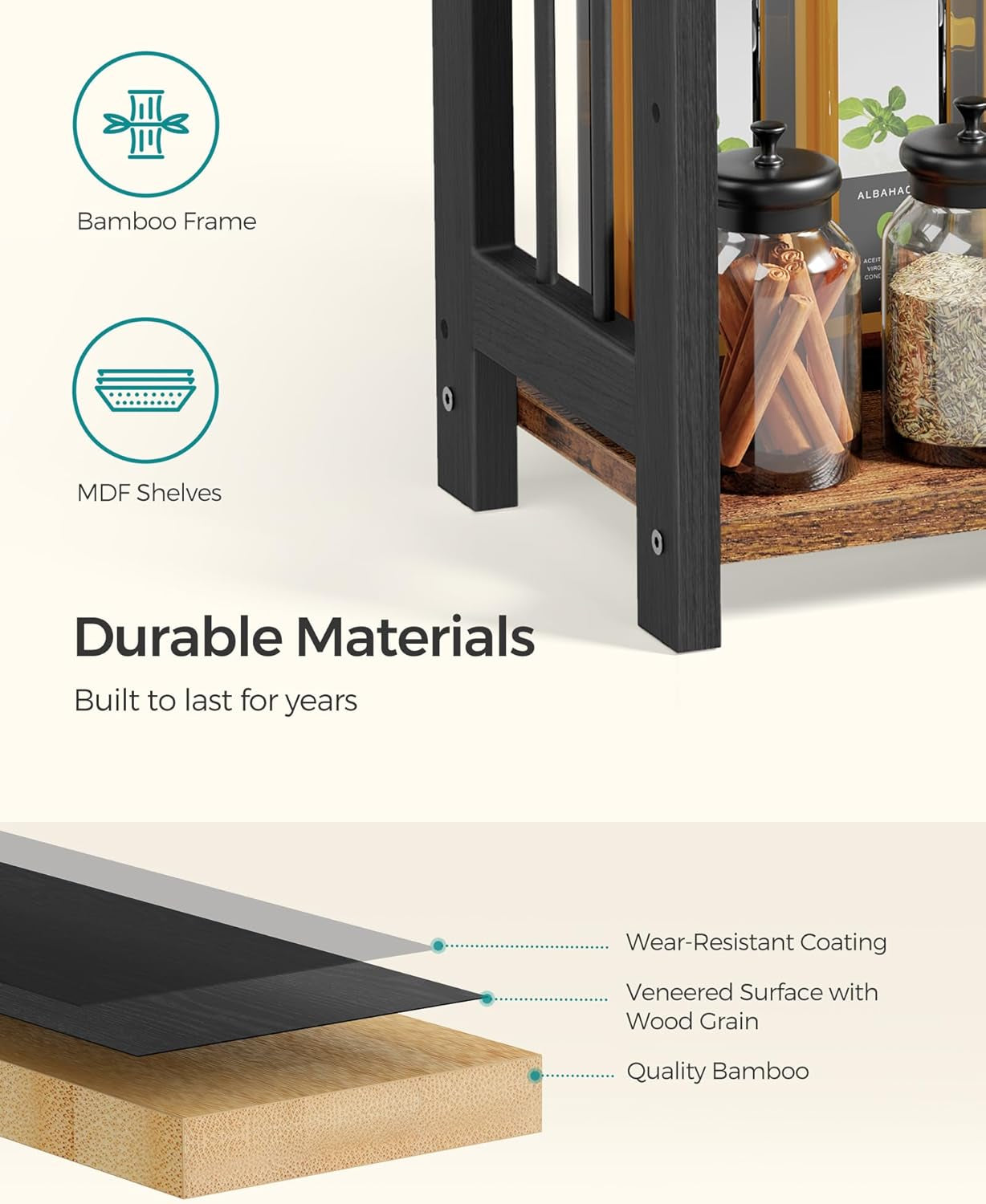 Spice Rack, 3 Tier Storage Rack, Desktop Organizer, Bamboo Frame, for Kitchen, Dining Room, Office, Rustic Brown and Black OFS047B01