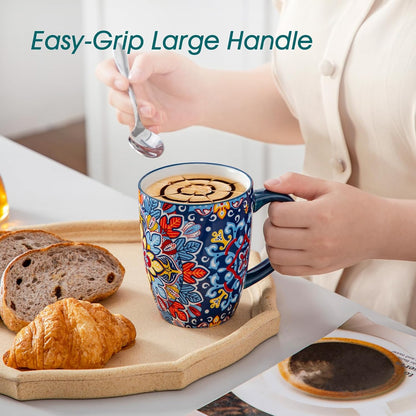 SIMI Mugs Set, 16Oz/480Ml Porcelain Coffee Mug Set of 6, Bohemian Style Tea and Coffee Cups with Handle, Microwave & Dishwasher Safe, Suitable for All Kinds of Drinks