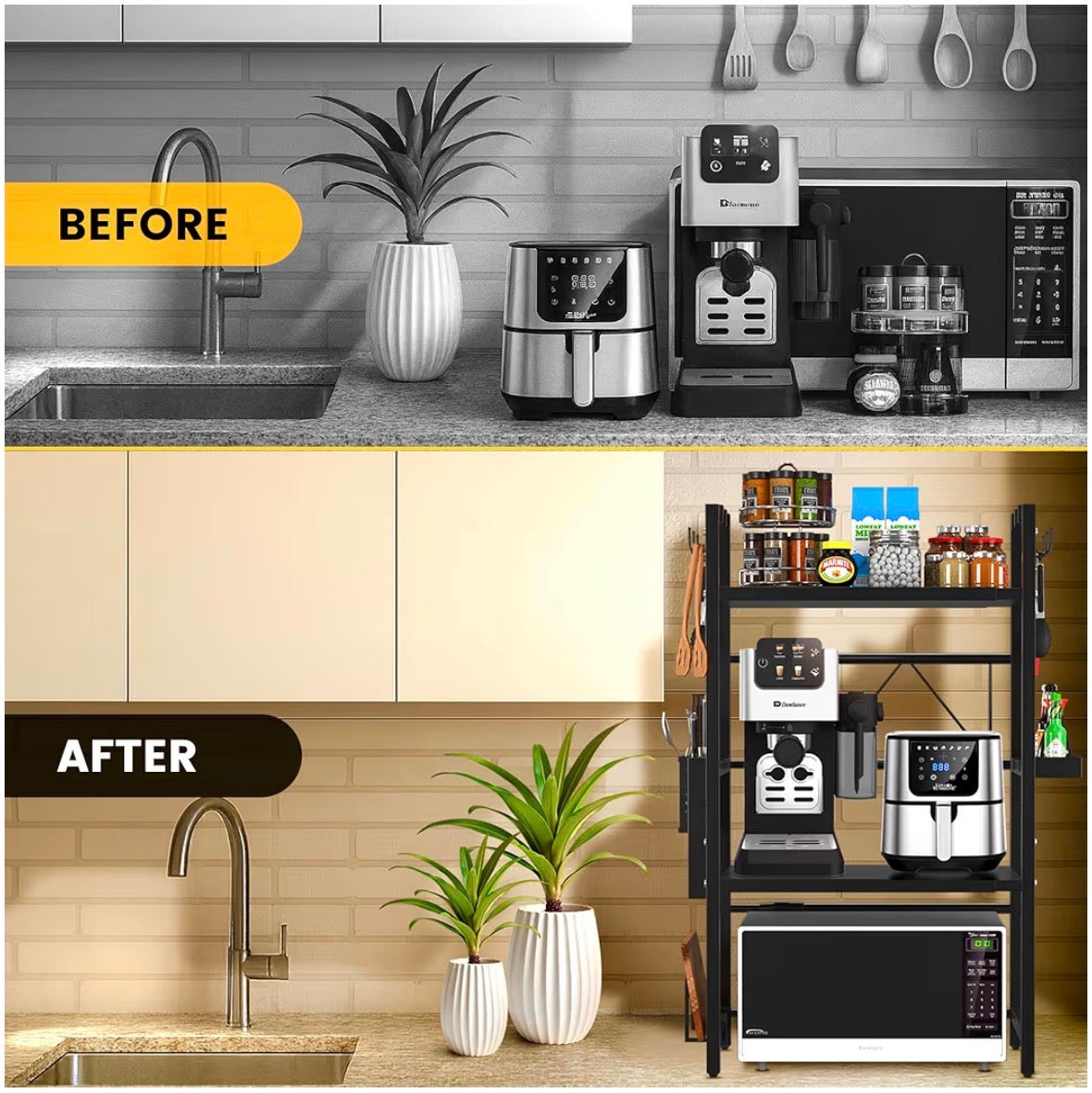 Expandable 3 Tier Microwave Shelf - 2 Shelves Microwave Stand For Kitchen Counter - Rack for Air fryer,Toaster and Coffee Machine - Kitchen Organiser Storage & Organisation