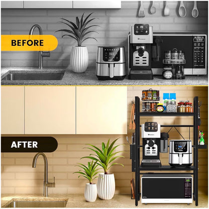 Expandable 3 Tier Microwave Shelf - 2 Shelves Microwave Stand For Kitchen Counter - Rack for Air fryer,Toaster and Coffee Machine - Kitchen Organiser Storage & Organisation