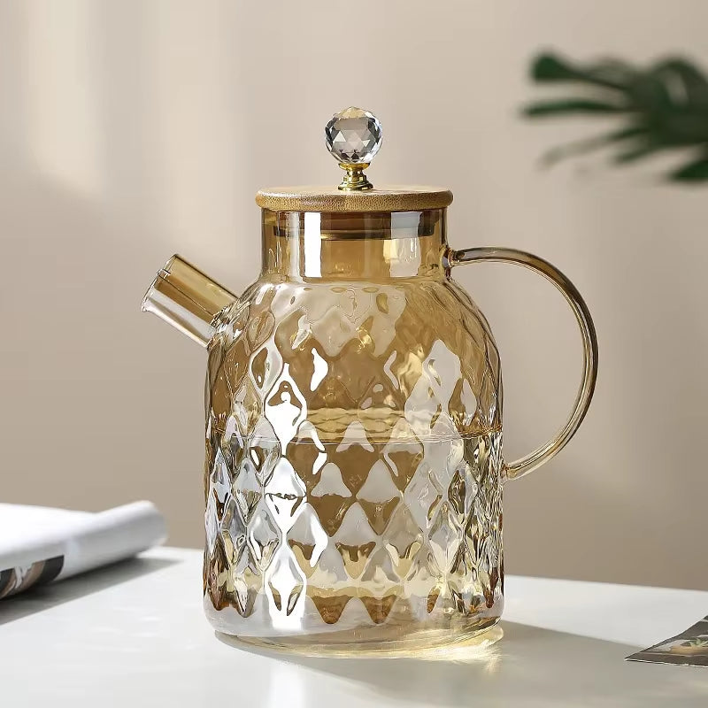 Glass Tea Kettle with Bamboo Lid and Removable Filter Spout Champagne Teapot for Loose Leaf Blooming Tea and Fruit Tea 1/1.8L