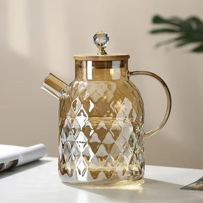 Glass Tea Kettle with Bamboo Lid and Removable Filter Spout Champagne Teapot for Loose Leaf Blooming Tea and Fruit Tea 1/1.8L