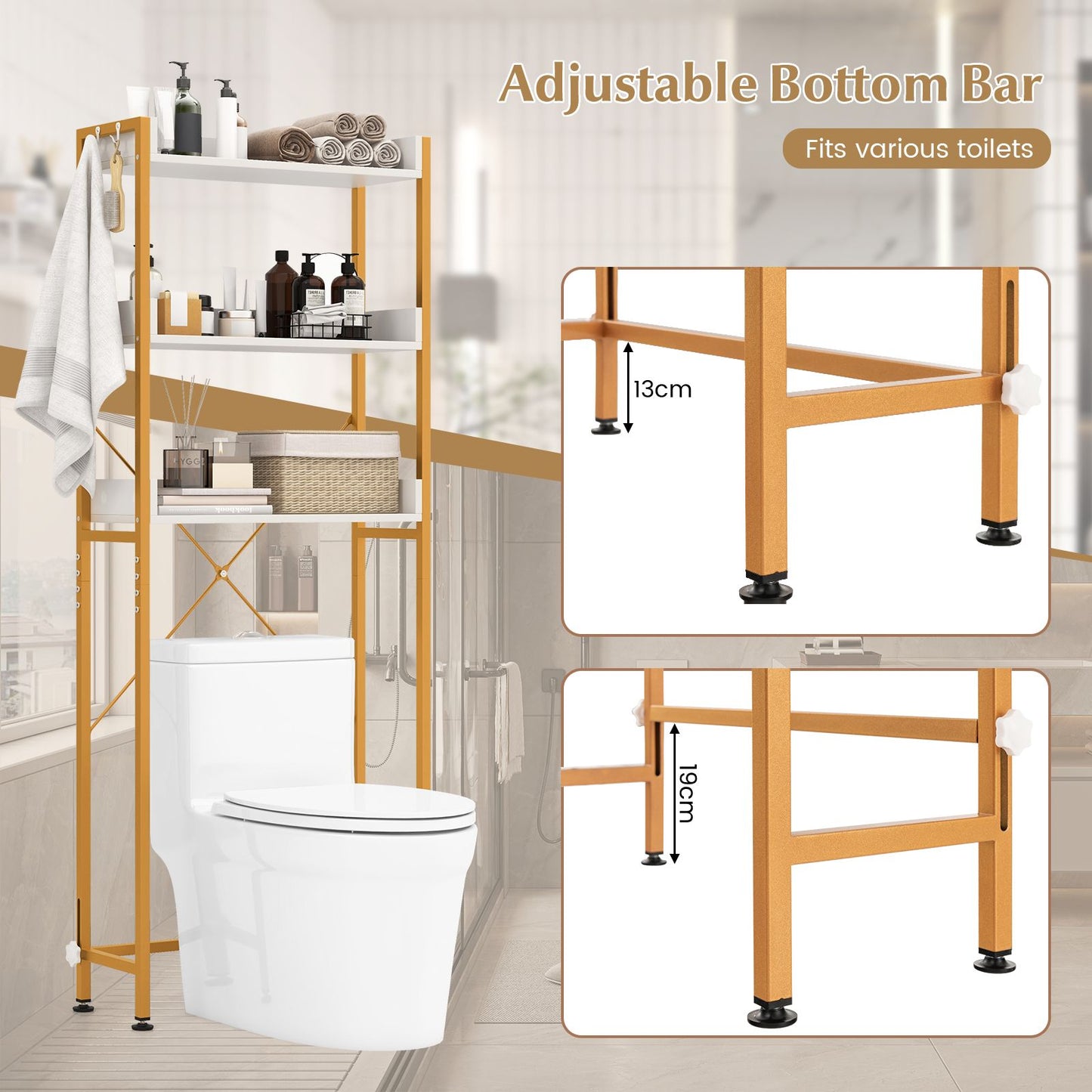 Three-Tier Over-the-Toilet Storage Rack with Four Hooks and Adjustable Base Bar