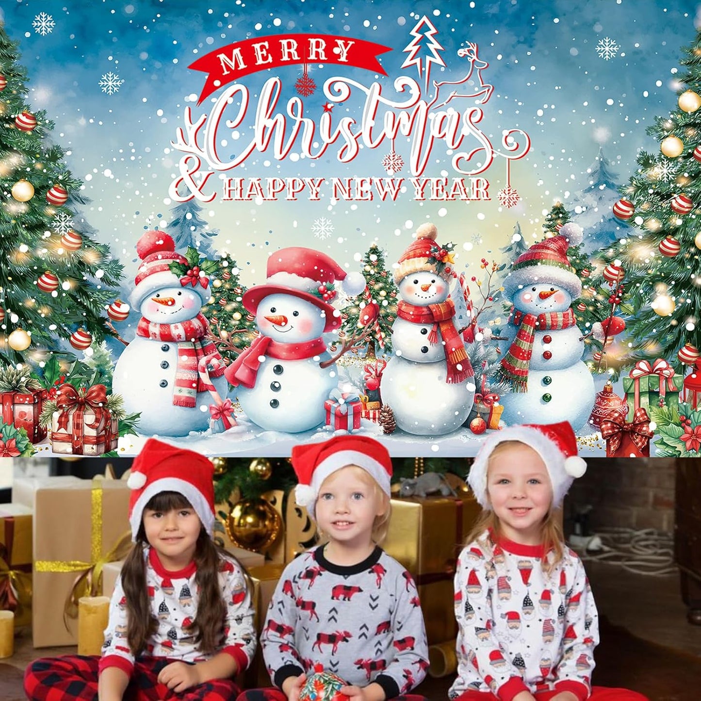 Large Christmas Banner Backdrop, Snowman Merry Christmas Banner Indoor Xmas Photography Background Party Decoration for Xmas New Year Party Photo Booth Wall Hanging Decor, 72.8 X 43.3 Inch