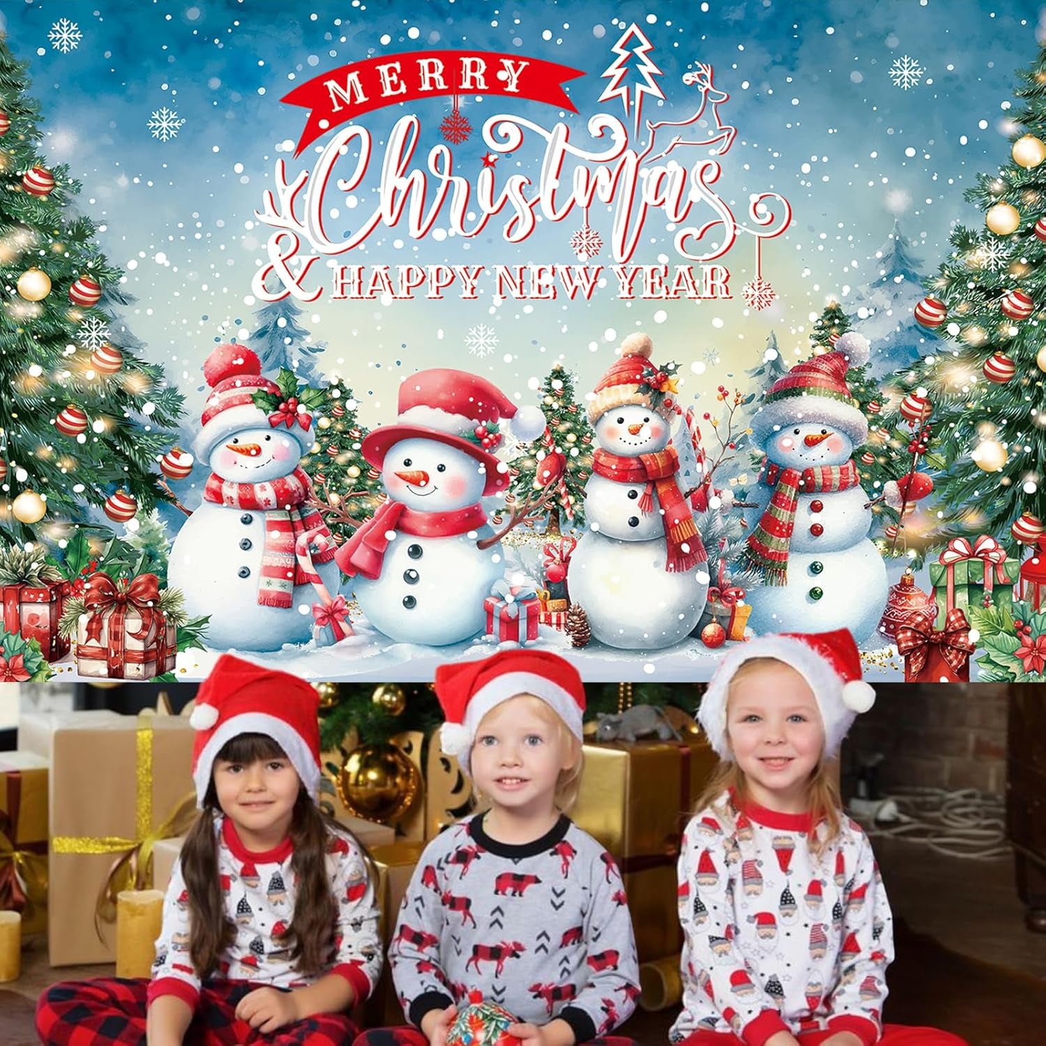 Large Christmas Banner Backdrop, Snowman Merry Christmas Banner Indoor Xmas Photography Background Party Decoration for Xmas New Year Party Photo Booth Wall Hanging Decor, 72.8 X 43.3 Inch