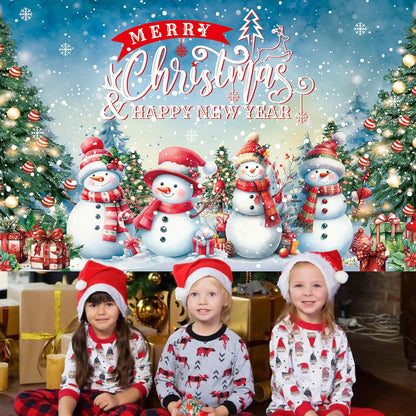 Large Christmas Banner Backdrop, Snowman Merry Christmas Banner Indoor Xmas Photography Background Party Decoration for Xmas New Year Party Photo Booth Wall Hanging Decor, 72.8 X 43.3 Inch