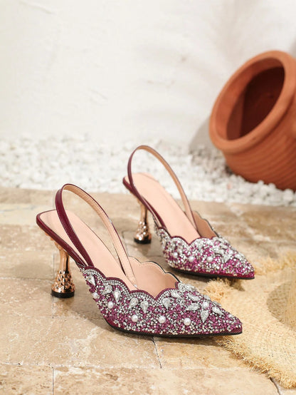 Pink Elastic Strap Back Rhinestone Women'S Sandals, Pointed Toe Backless Square High Heel Shoes, Unique Design