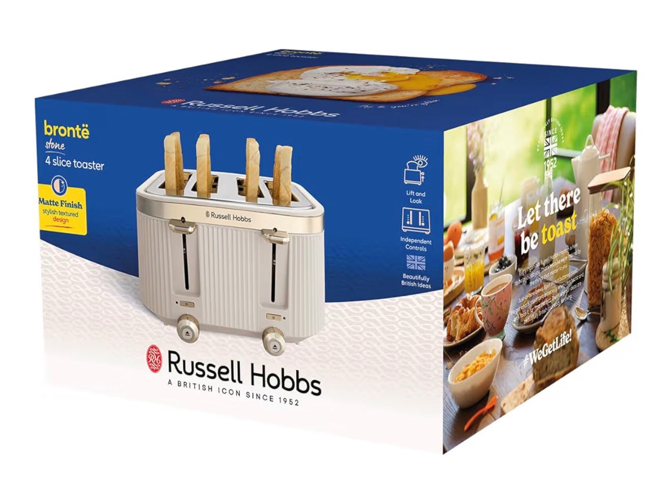 Russell Hobbs 4 Slice Toaster [1960W, Frozen/Cancel/Reheat function with Indicator light] Brontë Stone (Extra wide slots, 6 Browning levels, Lift & Look function, Lift high feature) 26771