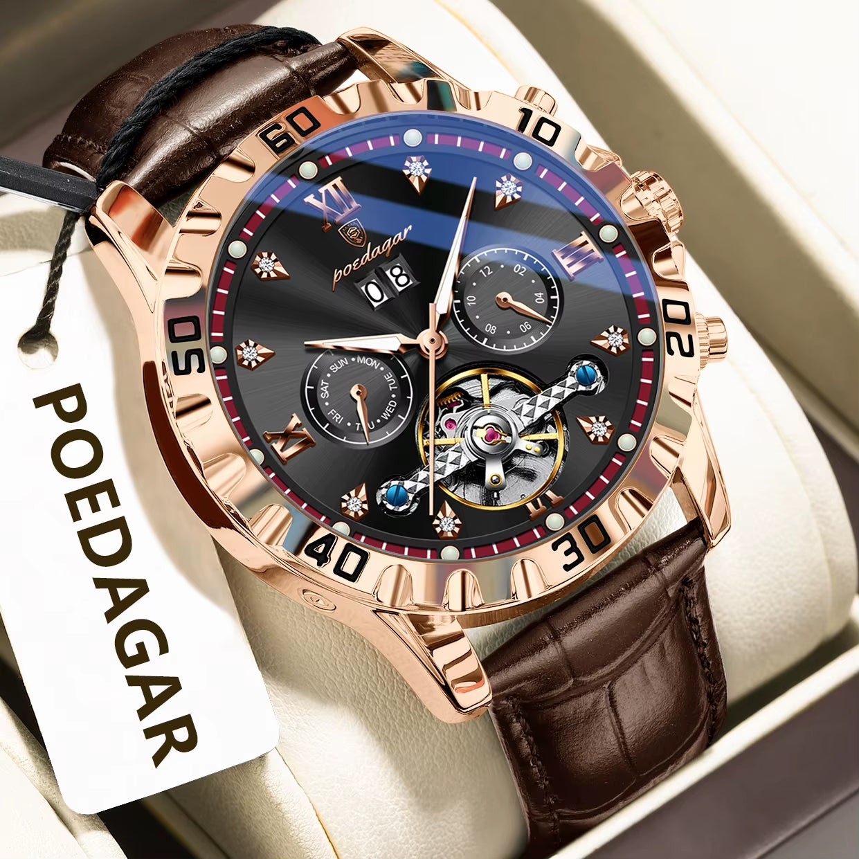 Fashion Men Wristwatch Luxury Hollow Tourbillon Luminous Date Week Man Clock Automatic Mechanical Leather Men'S Watches