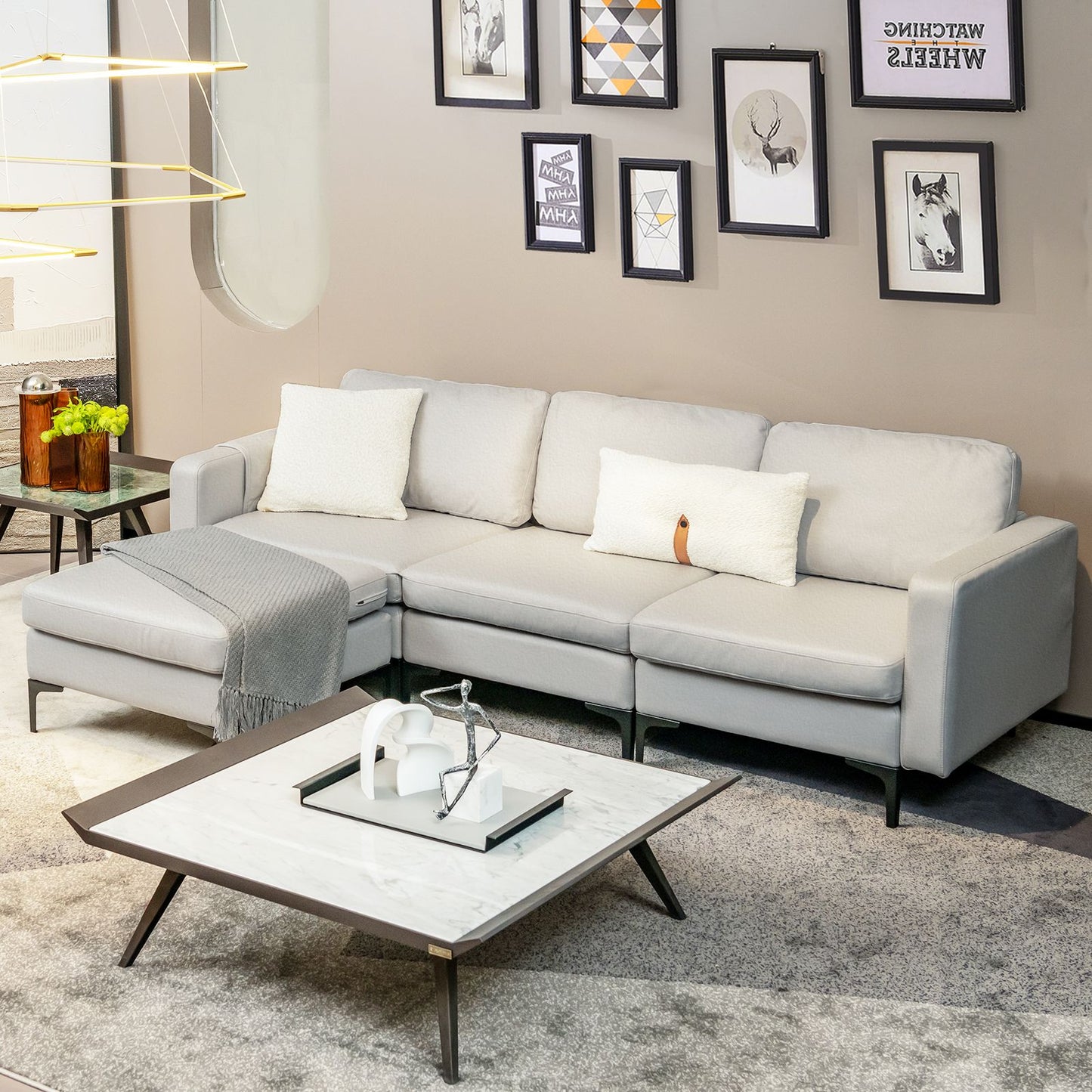 Modular L-Shaped Sofa with Reversible Ottoman and Integrated Power Outlet