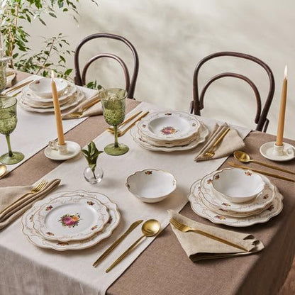 Antique Plates and Bowls Set for 6 People, White Dinner Set, Complete Kitchen Tableware Collection, Colourful Flower Design, Bone China, 24 Piece