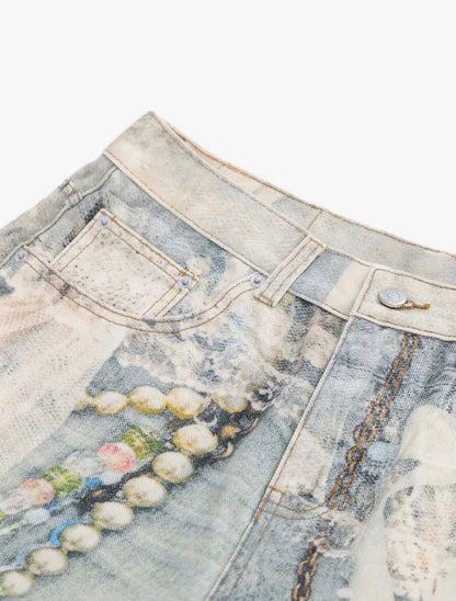 JEWELRY PEARL GRAPHIC PRINT 3D EFFECT DENIM SHORTS