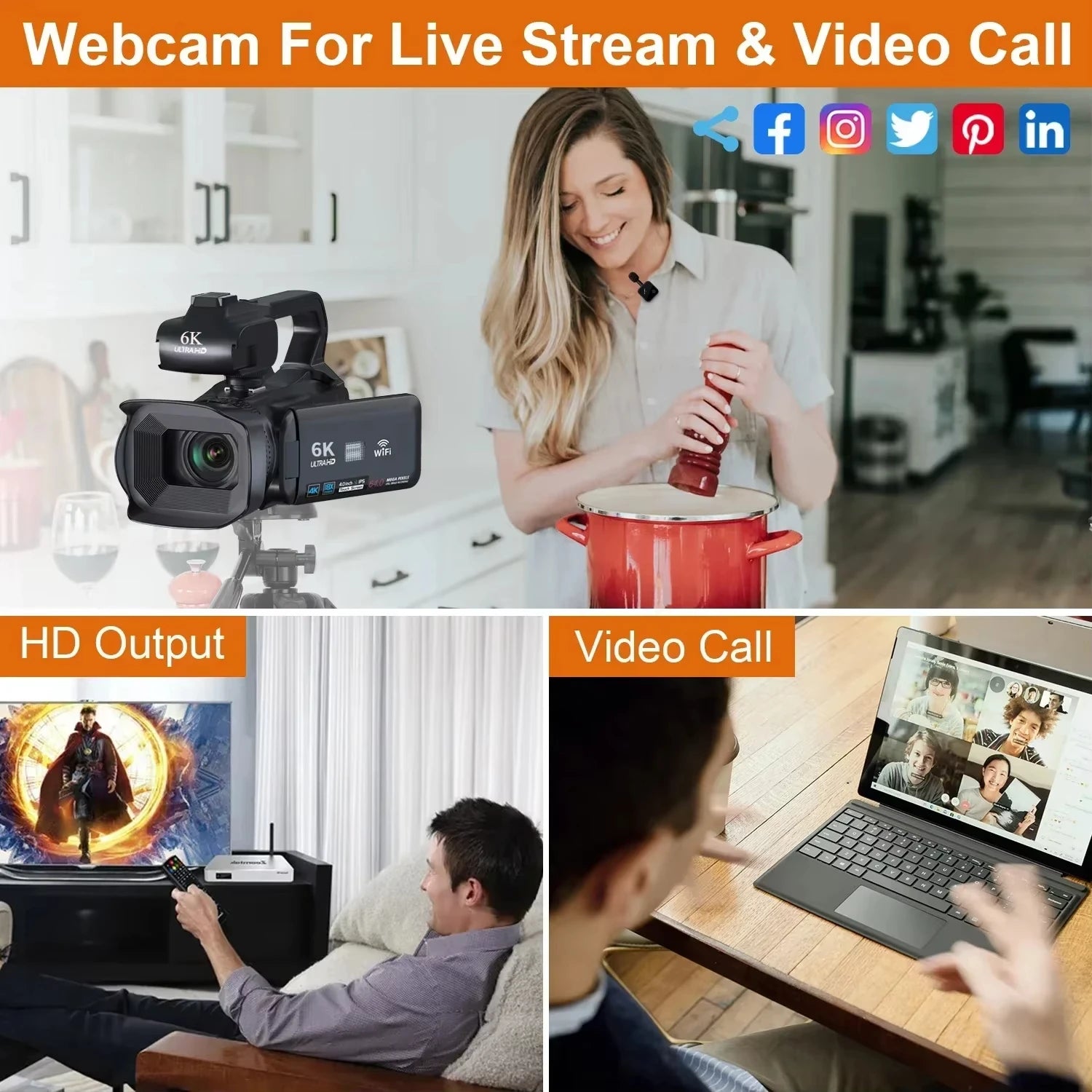 6K Professional Video Camera for Photography 18X Digital Zoom Night Vision Vlogging Camera 64MP Wifi Livestream Webcam Camcorder