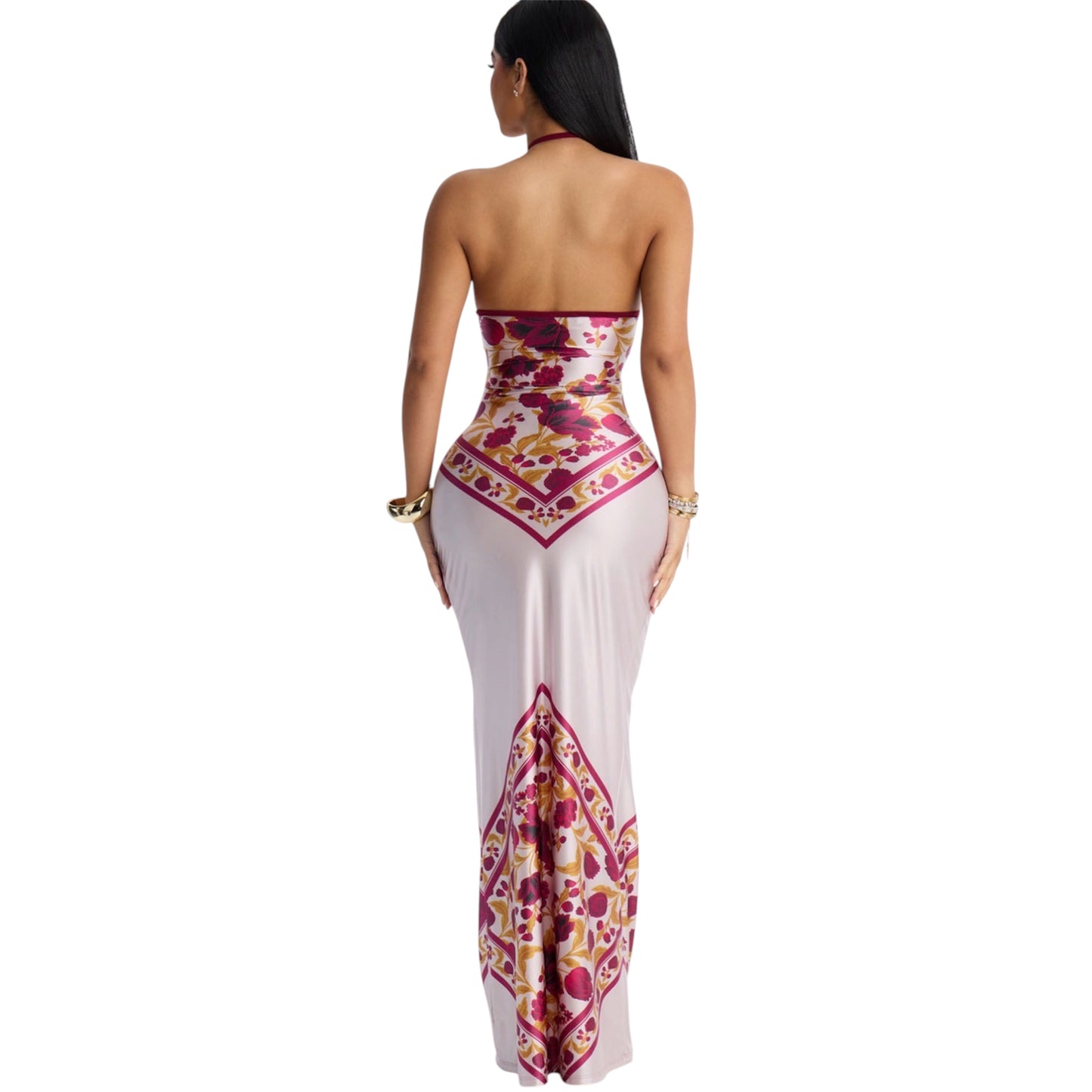Dina Floral Satin Maxi Dress Burgundy Combo