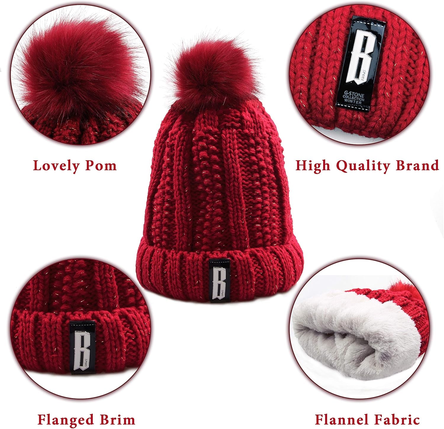 Womens Knit Scarf Beanie Hat 2PCS Set Fleece Lined Pom Skull Cap Scarves Soft Warm Winter Gift Set