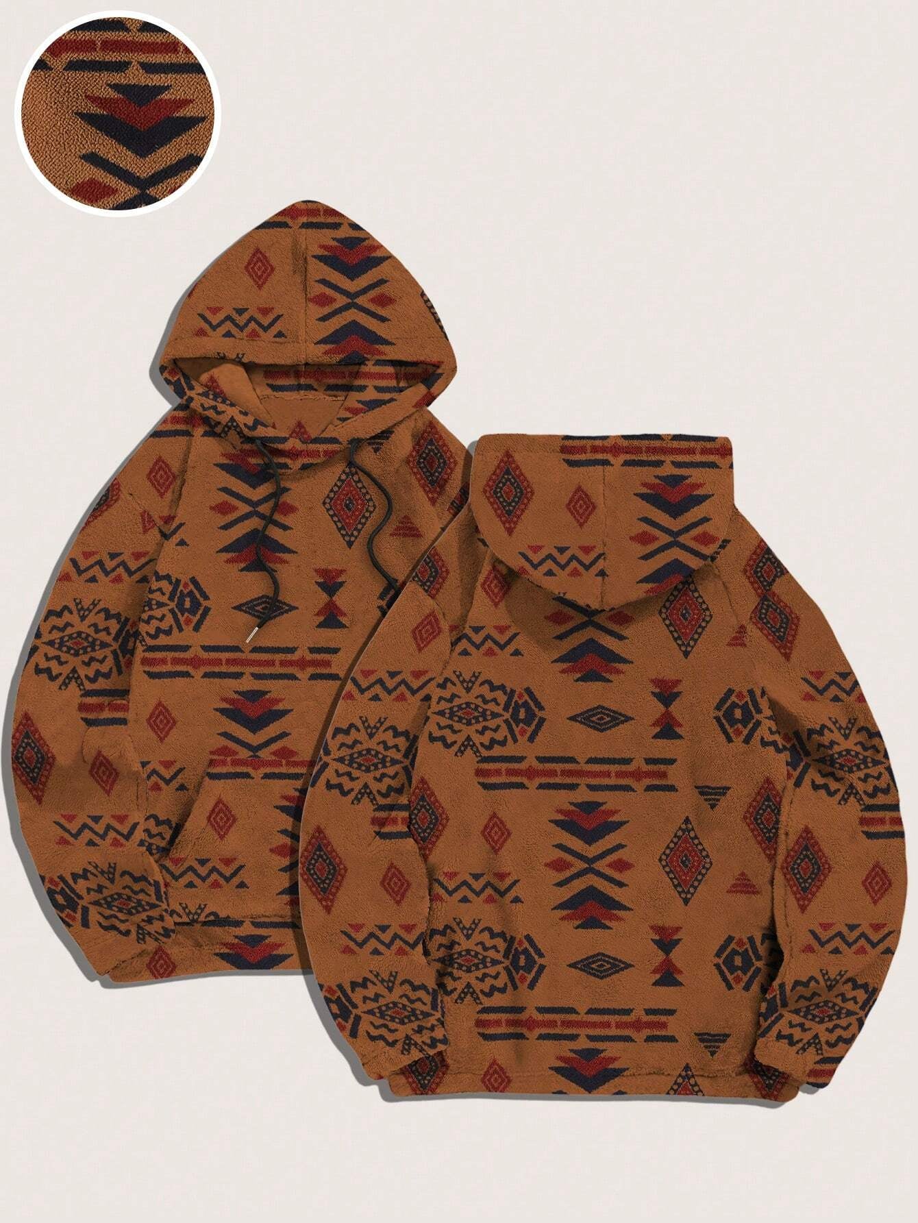 Men'S Totem Print Hooded Sherpa Fleece Sweatshirt