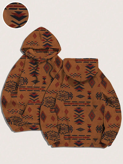 Men'S Totem Print Hooded Sherpa Fleece Sweatshirt