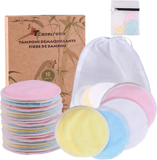 Reusable Makeup Remover Pads| Bamboo Fiber Organic Cotton Pads Face| Cotton Rounds Eyes Make up Remover Pads Zero Waste Washable| for All Skin Types | 1 Laundry Bag+1 Storage Bag| 16 Pcs