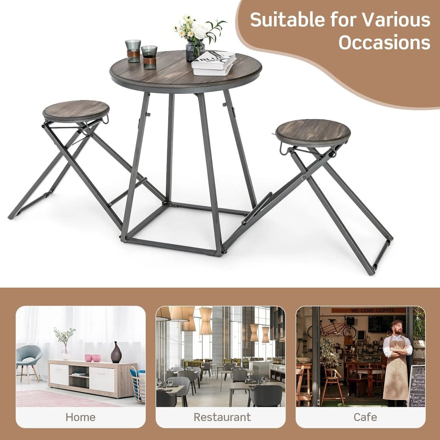 3-Piece Round Table Set with Two Foldable Stools