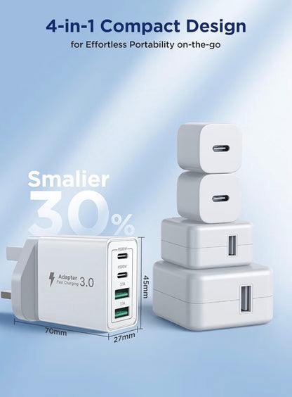 40W 4-Port USB-C Fast Charger Plug UK PD QC Multiport Wall Adapter