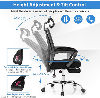 Ergonomic Mesh Office Chair with Adjustable Recline and Retractable Footrest