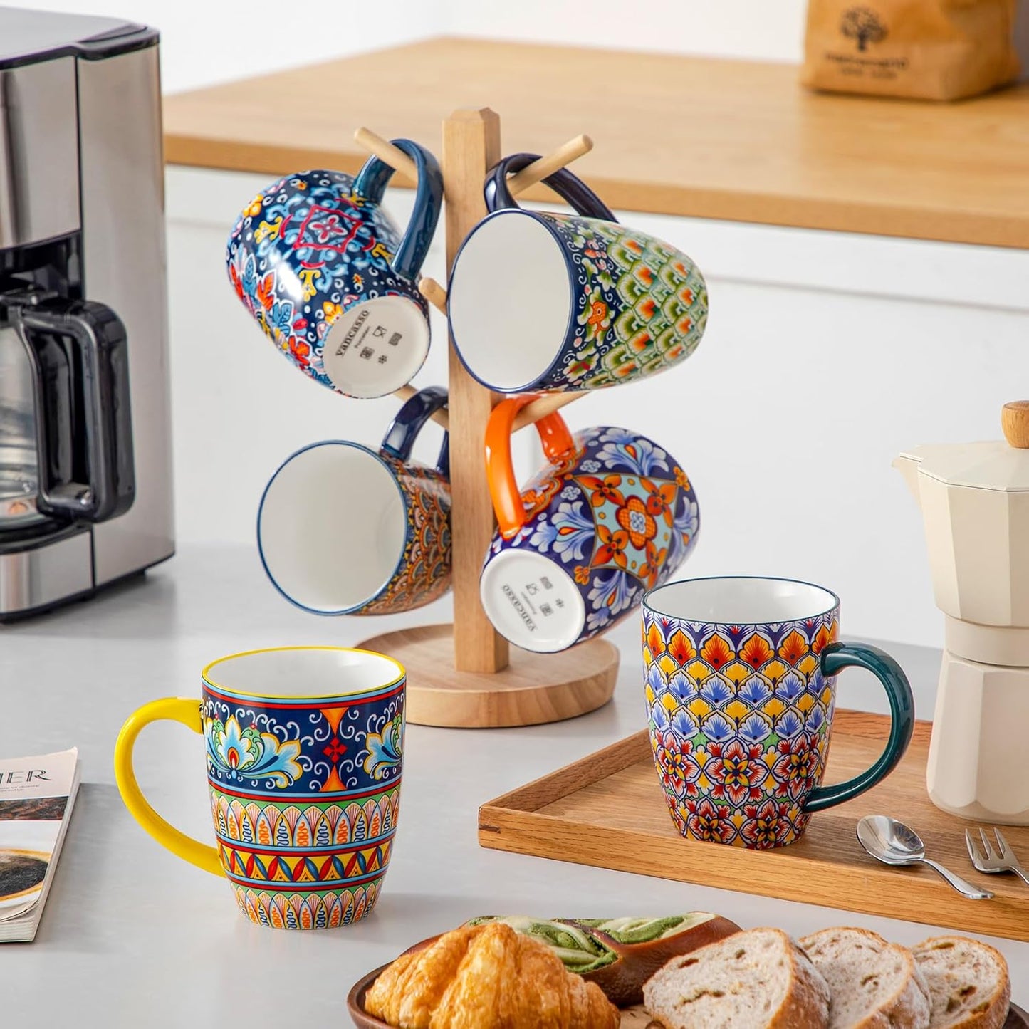 SIMI Mugs Set, 16Oz/480Ml Porcelain Coffee Mug Set of 6, Bohemian Style Tea and Coffee Cups with Handle, Microwave & Dishwasher Safe, Suitable for All Kinds of Drinks