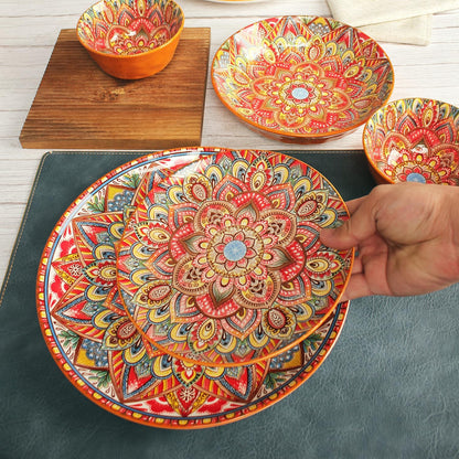 Buffet Dinnerware Porcelain Dinnerware Set, Service for 4 (12 Pcs) Easy to Clean Plate & Bowl Set Apply Casual Dining Indoor Outdoor Dining Party Bohemian Style, Red 26+20.5+12.1 CM