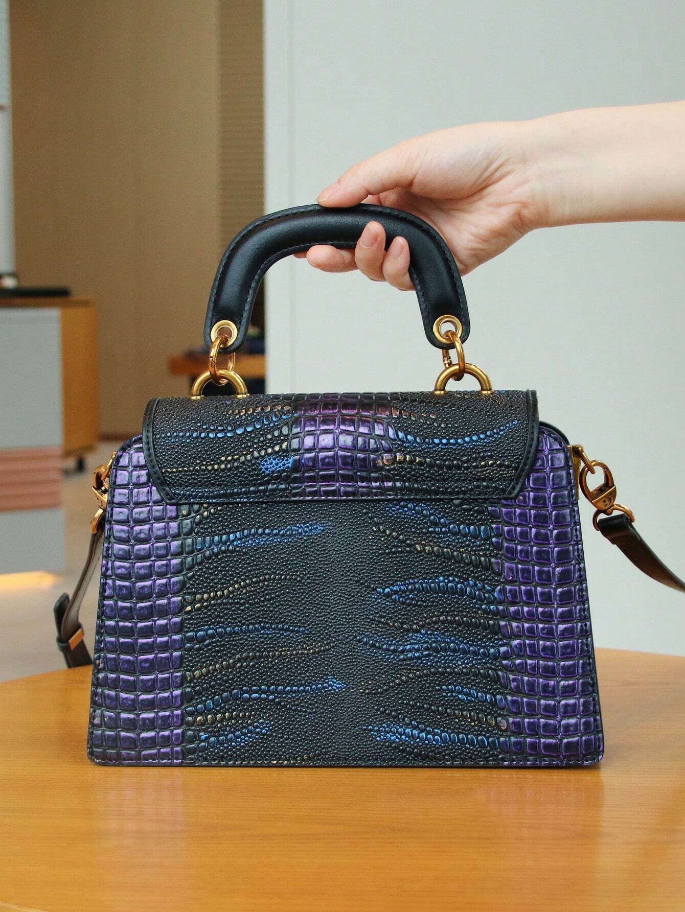 Luxury Custom 2025 New Vintage Women'S Handbag, Fashion Elaborate Luxurious Blue & Gold Snake Print Lock Ornament Tote Bag, Mature Style Shoulder & Crossbody Bag, Detachable Handle