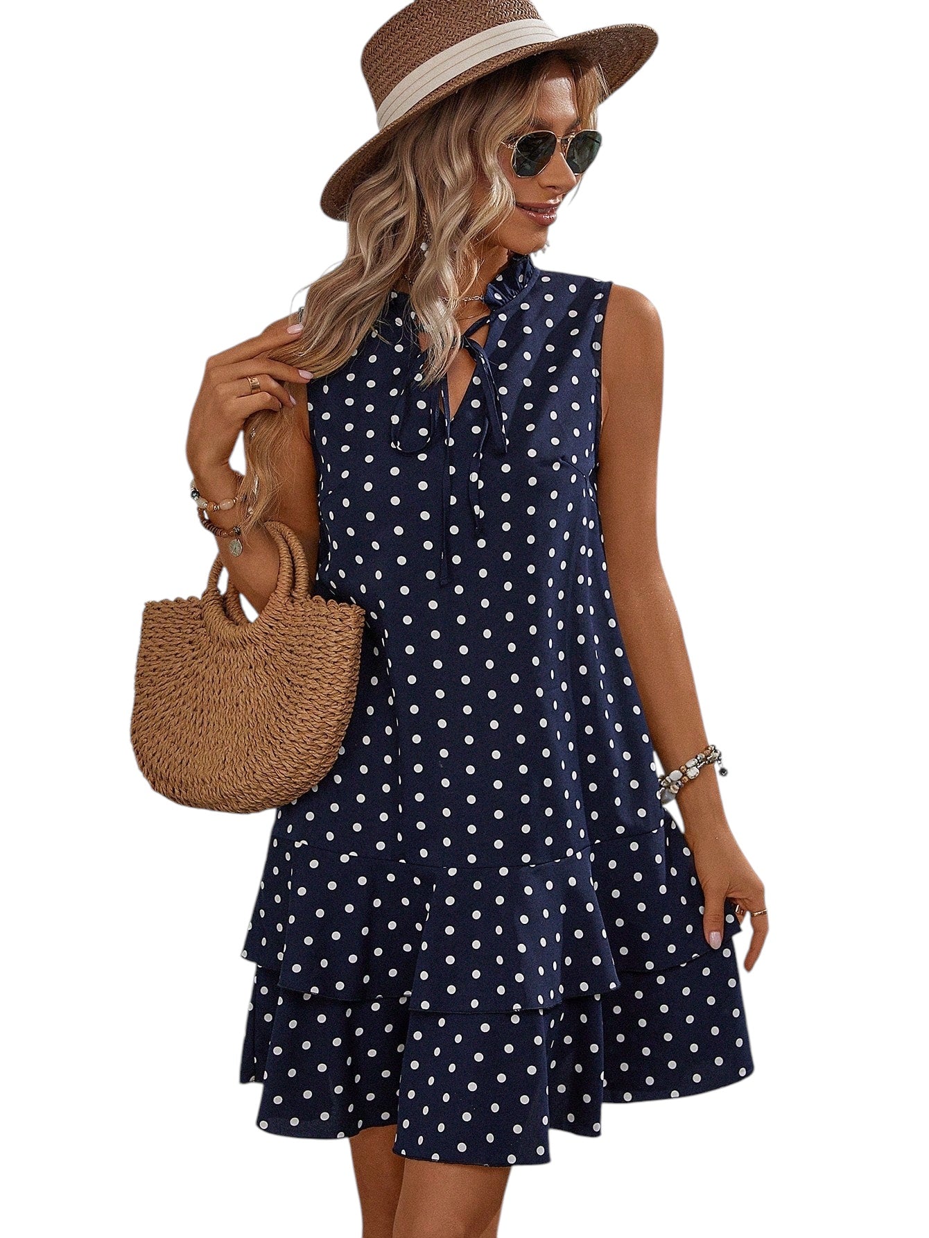 Emery Rose Polka Dot Tie Neck Ruffle Hem Smock Dress