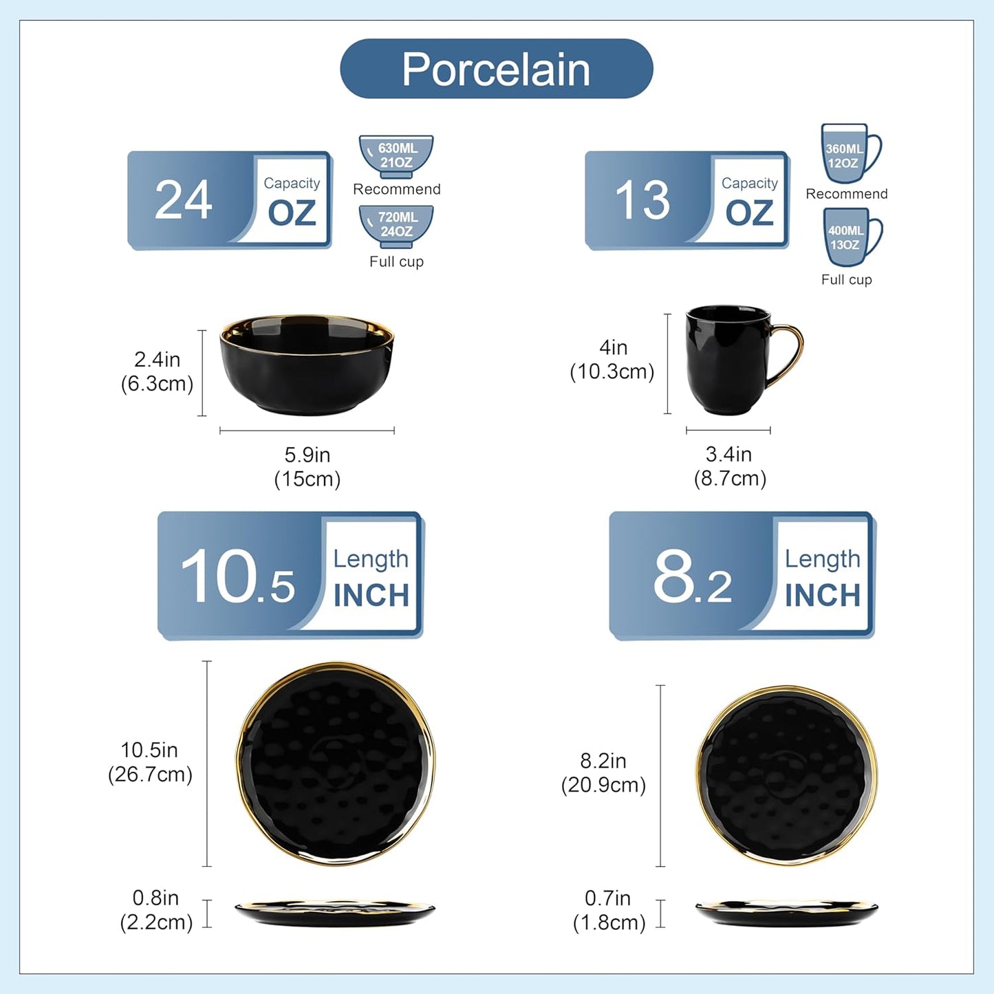 'Apollo', 16 Piece Dinner Set, Stoneware Dish Set for 4, Kitchen Plates and Bowls Sets, Handmade Dinnerware Set with Gold Trim, Dishwasher Safe, Black and Gold