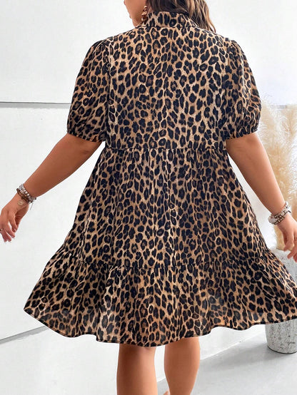 LUNE Plus Size Leopard Print Puff Sleeve Ruffled Hem Smock Dress