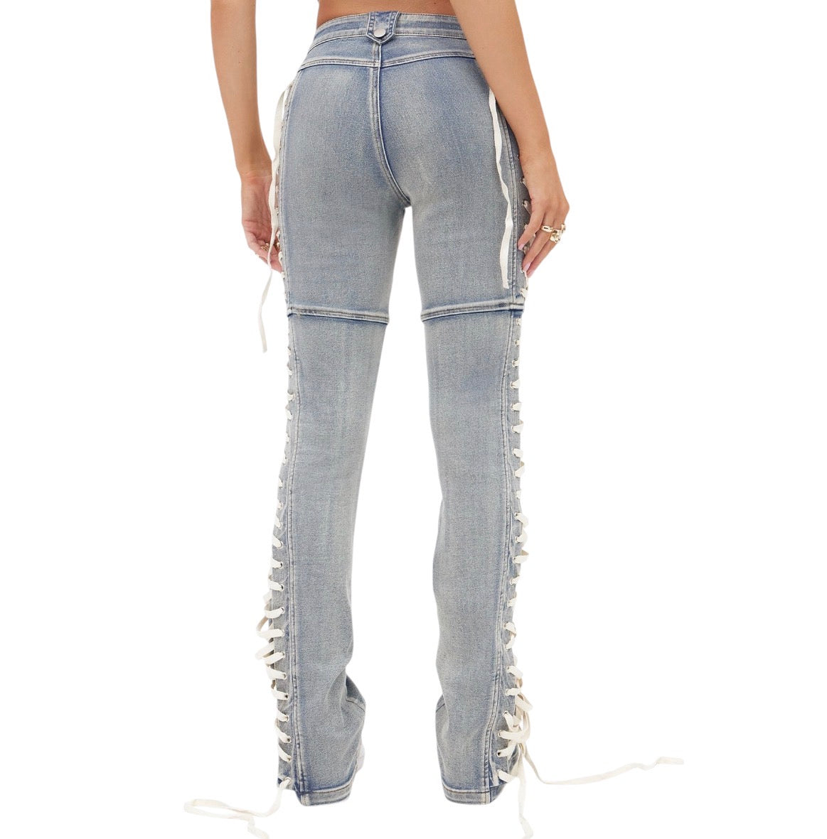 Jaw Dropper Stretch Lace Up Bootcut Jeans Medium Wash