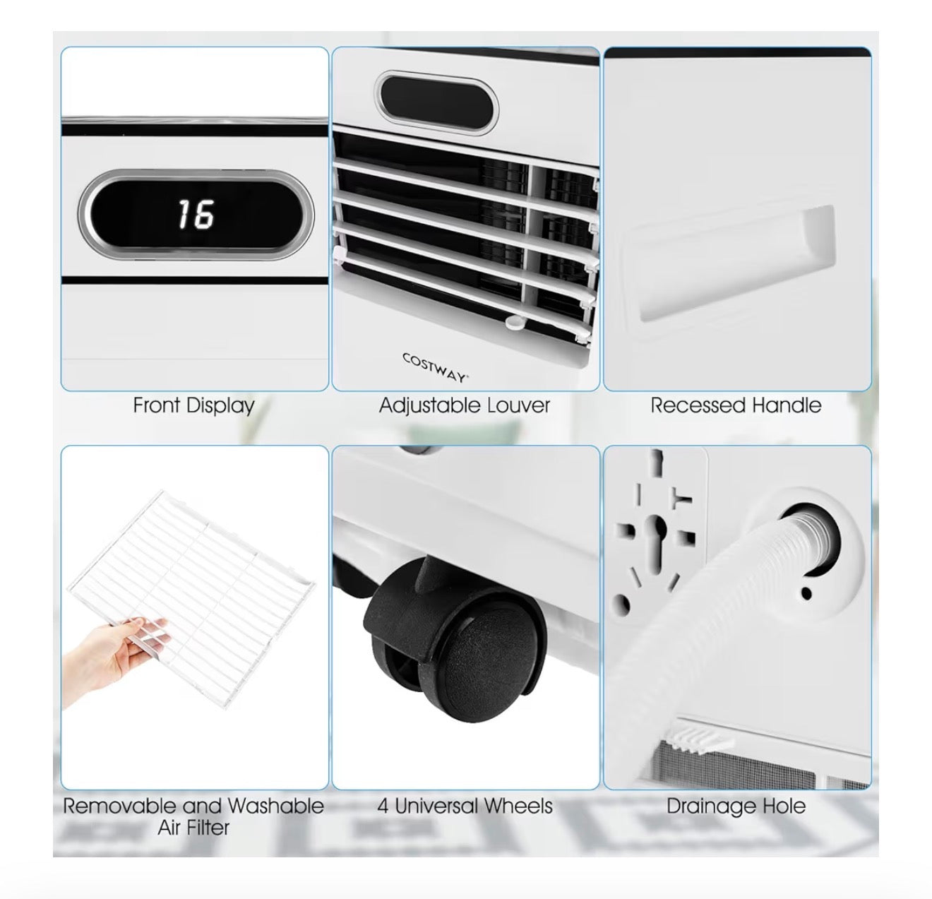 9000BTU Portable Air Conditioner, 4 in 1 Mobile Cooler, Dehumidifier, Fan with Sleep Mode, LED & Front Display, Remote Control, 2 Speeds, 24H Timer & Adapter