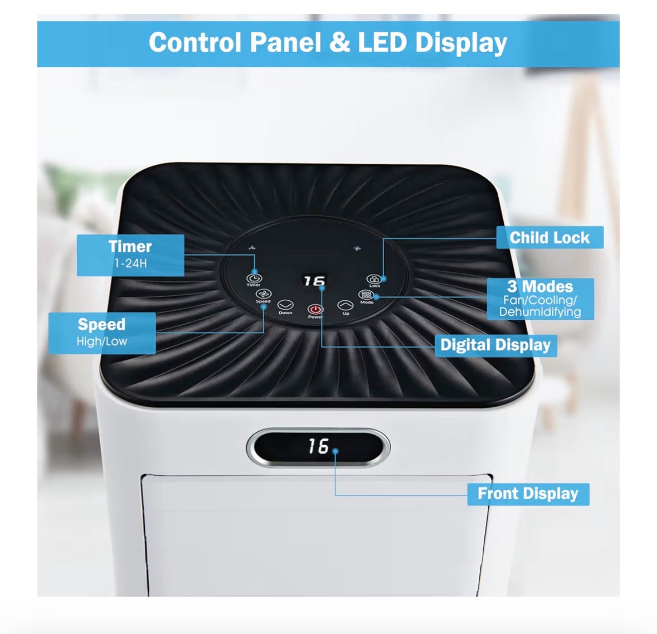 9000BTU Portable Air Conditioner, 4 in 1 Mobile Cooler, Dehumidifier, Fan with Sleep Mode, LED & Front Display, Remote Control, 2 Speeds, 24H Timer & Adapter