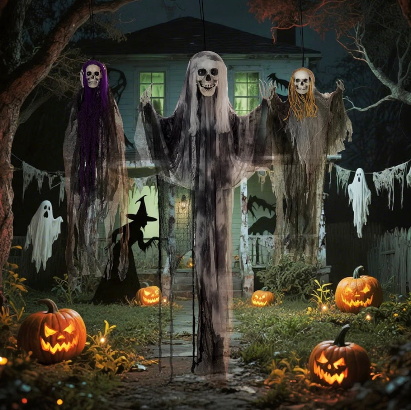 HOMCOM Hanging Skeleton Halloween Decorations Set of 3 90/110/170cm
