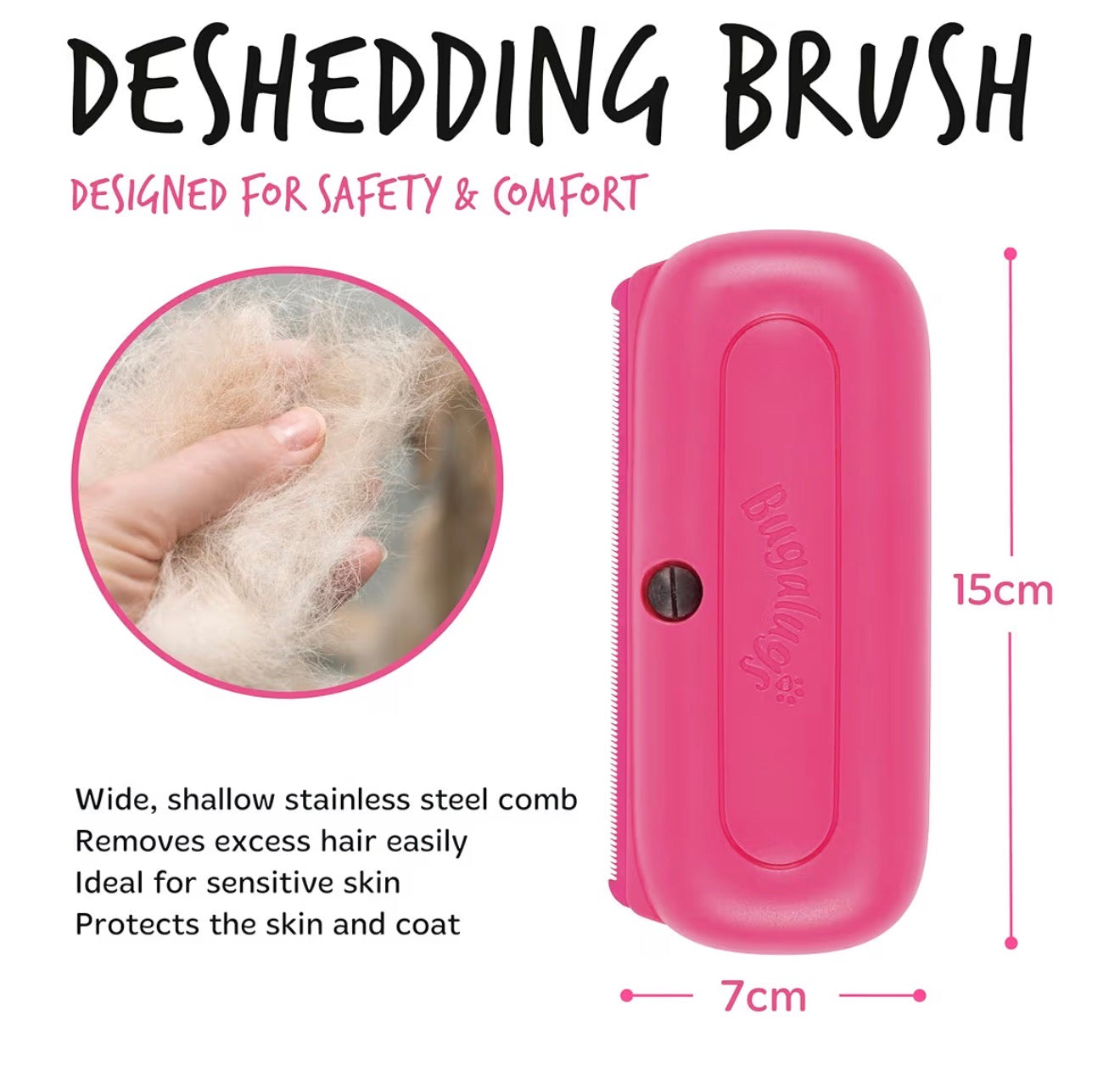 Bugalugs Deshedding Brush for Dogs Cats & Horses