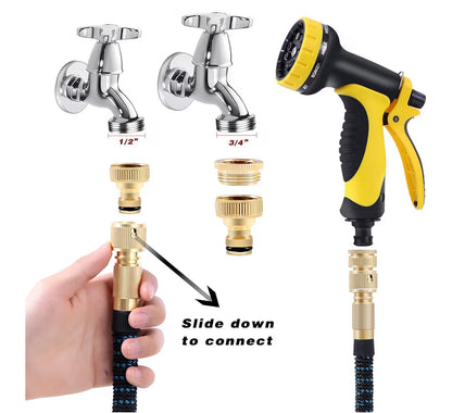 Expandable Garden Hose with Solid Brass Fittings & 10 Function Spray Gun