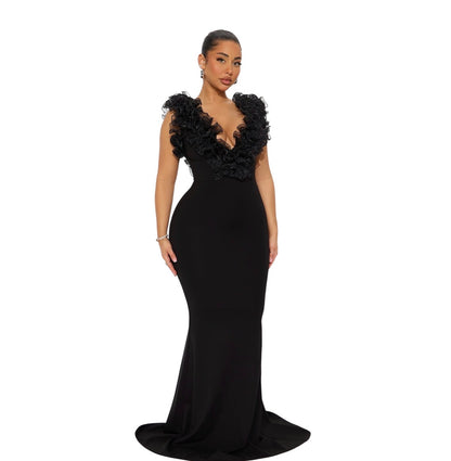 Like To Show Ruffle Maxi Gown Black