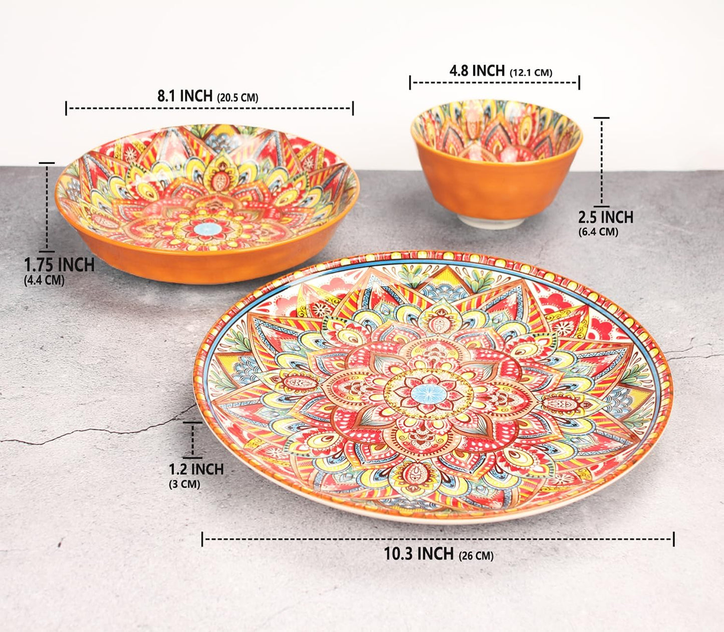 Buffet Dinnerware Porcelain Dinnerware Set, Service for 4 (12 Pcs) Easy to Clean Plate & Bowl Set Apply Casual Dining Indoor Outdoor Dining Party Bohemian Style, Red 26+20.5+12.1 CM