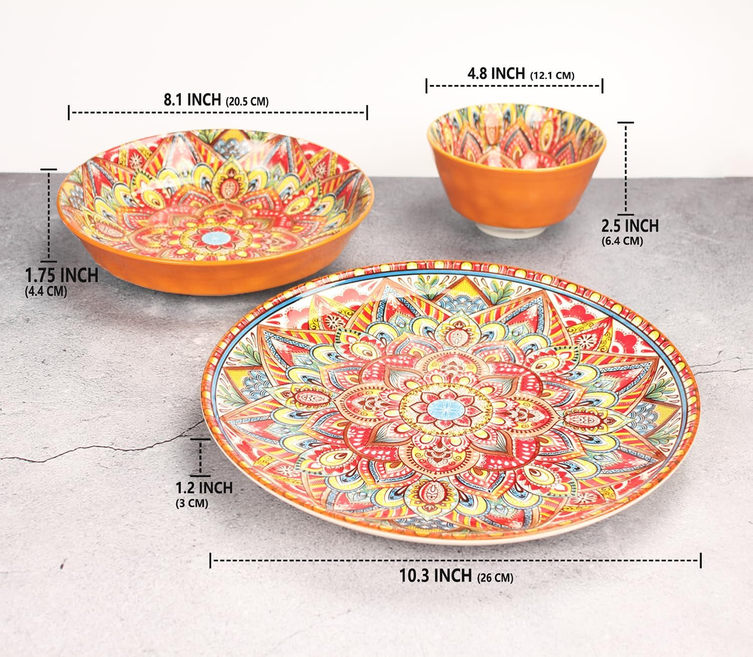 Buffet Dinnerware Porcelain Dinnerware Set, Service for 4 (12 Pcs) Easy to Clean Plate & Bowl Set Apply Casual Dining Indoor Outdoor Dining Party Bohemian Style, Red 26+20.5+12.1 CM
