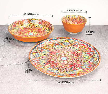 Buffet Dinnerware Porcelain Dinnerware Set, Service for 4 (12 Pcs) Easy to Clean Plate & Bowl Set Apply Casual Dining Indoor Outdoor Dining Party Bohemian Style, Red 26+20.5+12.1 CM