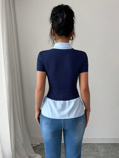 Elenzga 2025 New Summer Slim Fit 2 in 1 Polo Collar Knit Short Sleeve T-Shirt
