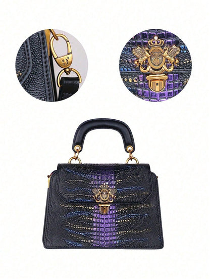Luxury Custom 2025 New Vintage Women'S Handbag, Fashion Elaborate Luxurious Blue & Gold Snake Print Lock Ornament Tote Bag, Mature Style Shoulder & Crossbody Bag, Detachable Handle