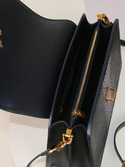 Luxury Custom 2025 New Vintage Women'S Handbag, Fashion Elaborate Luxurious Blue & Gold Snake Print Lock Ornament Tote Bag, Mature Style Shoulder & Crossbody Bag, Detachable Handle