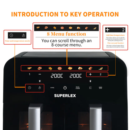 9L Dual Air Fryer 2400W Digital Cooker Oven 8-In-1 Healthy Frying Double Basket