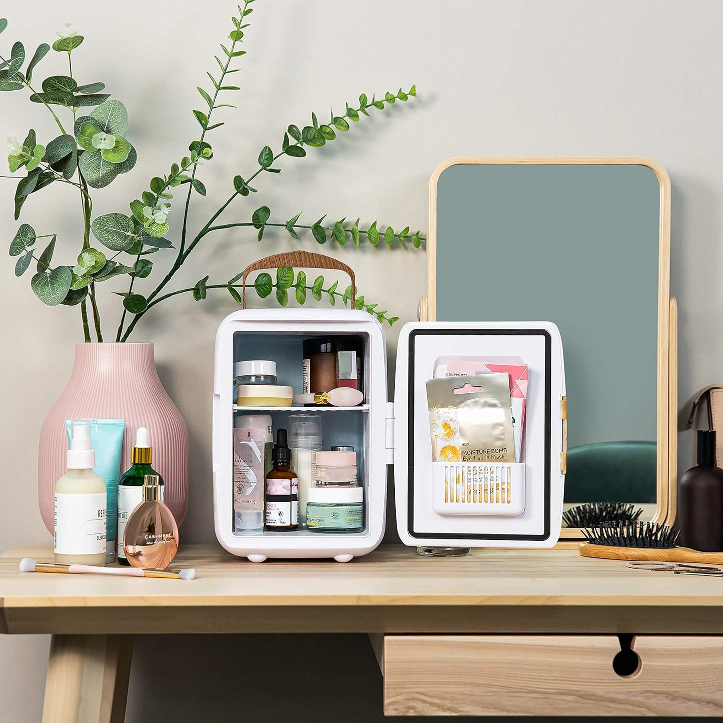 RH4CLR1001SCW 4L/6 Can Mini Portable Cooler & Warmer for Drinks, Cosmetics/Makeup/Skincare, AC/DC Power, Scandi Style, White & Wood Effect, for Bedroom, Home, Caravan, Car