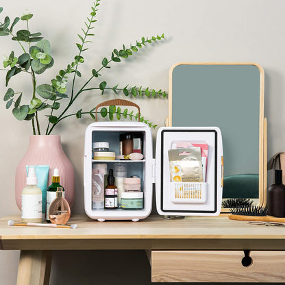 RH4CLR1001SCW 4L/6 Can Mini Portable Cooler & Warmer for Drinks, Cosmetics/Makeup/Skincare, AC/DC Power, Scandi Style, White & Wood Effect, for Bedroom, Home, Caravan, Car