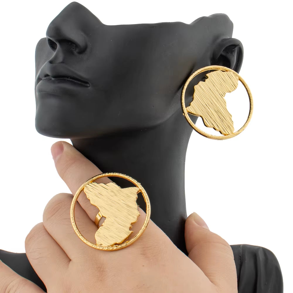 African Map-Inspired Jewelry Set: Statement Earrings and Adjustable Ring for Elegant Occasions