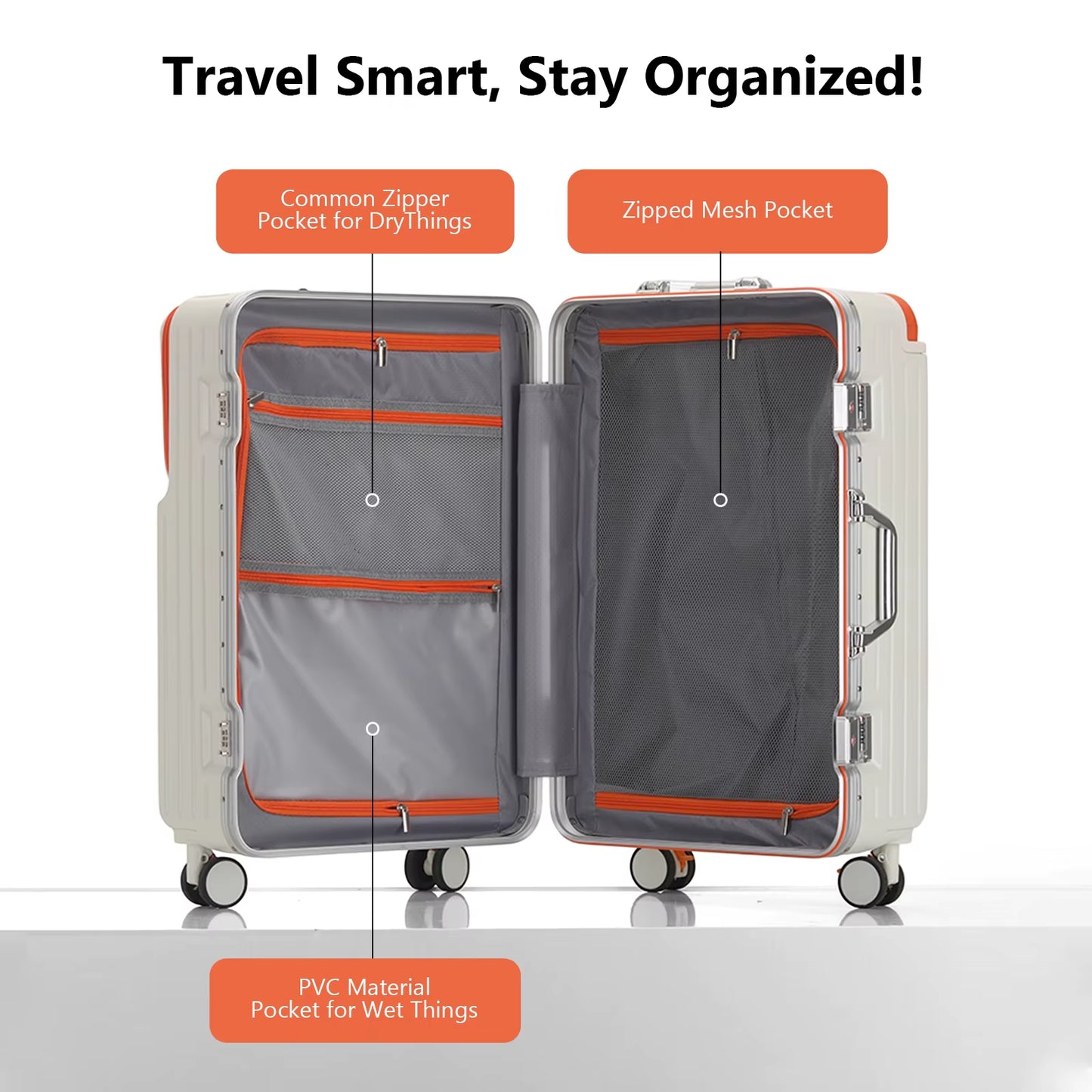 Luggage Aluminum Frame Hard Shell Trolley Case, TSA Lock, with Cup Holder and Phone Holder, USB, 20“-26”