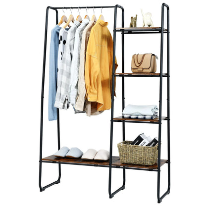 Free-Standing Clothing Rack with Five-Tier Wooden Shelves